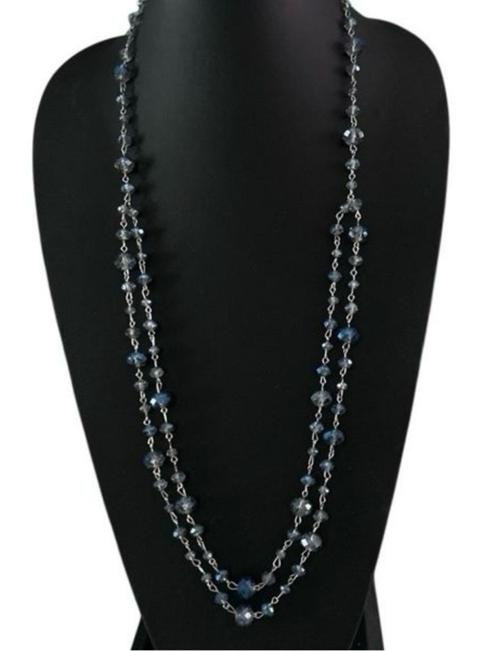 Vtg Illusion Beaded Station
Necklace Blue Crystal
Double Strand Silvertone Chain